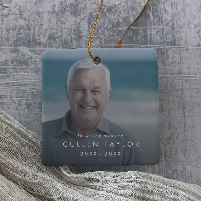 Chic In Loving Memory Dad Memorial Photo Overlay Ceramic Ornament (Creator Uploaded)
