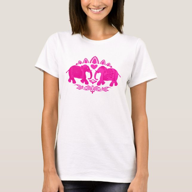 Chic Indian Elephants Pink Ethnic T-Shirt (Front)