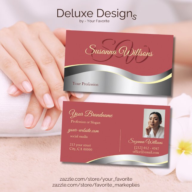 Chic Indian Red Wavy Silver Decor Initials Photo Business Card (Creator Uploaded)