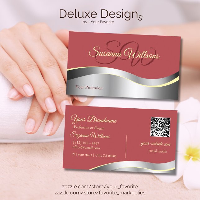 Chic Indian Red Wavy Silver Decor Initials QR Code Business Card (Creator Uploaded)