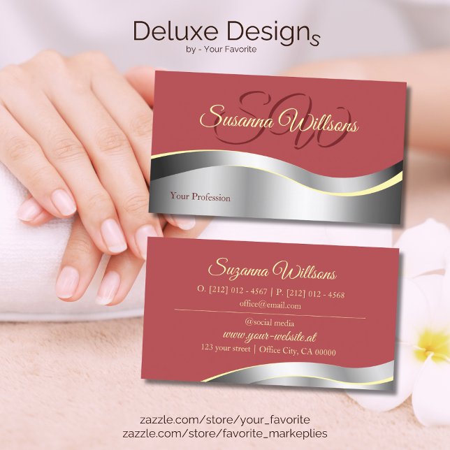 Chic Indian Red Wavy Silver Decor with Initials Business Card (Creator Uploaded)