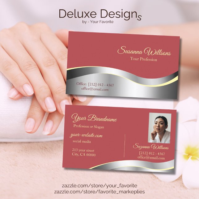 Chic Indian Red Wavy Silver Decor with Photo Smart Business Card (Creator Uploaded)