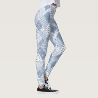 Chic Indigo Blue and White Faux Patchwork Pattern Leggings