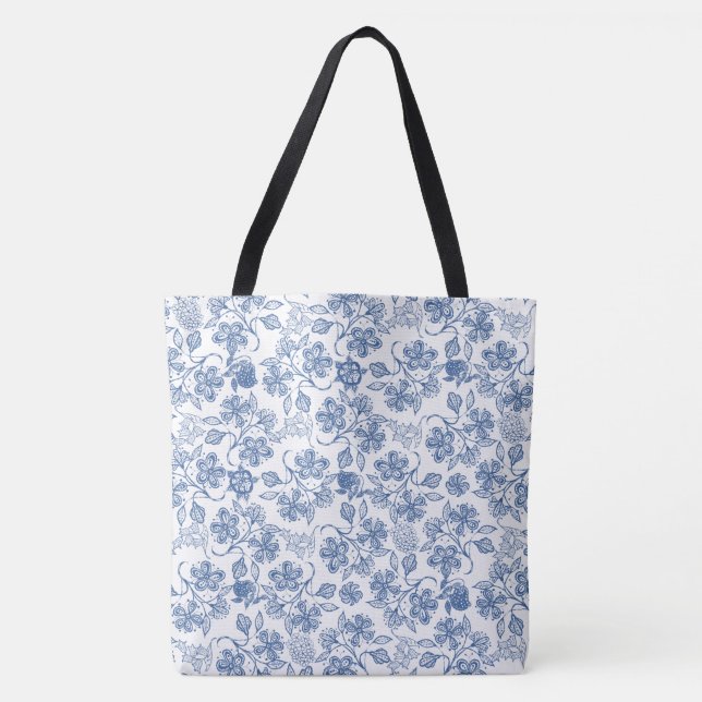 Chic Indigo Blue and White Floral Pattern Tote Bag (Front)