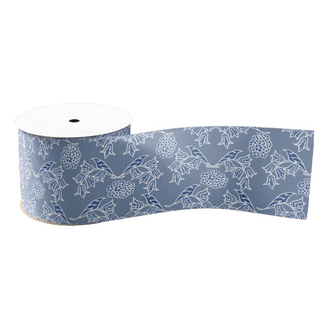 Chic Indigo Blue Ethnic Floral Grosgrain Ribbon (Spool)