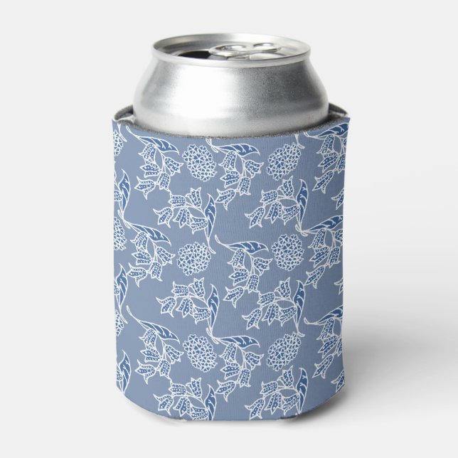 Chic Indigo Blue Ethnic Floral Print Can Cooler (Can Front)