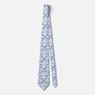 chic Indigo Blue Ethnic Floral Print Necktie