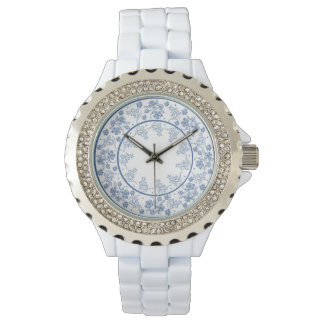 Chic Indigo Blue Floral Border Women's Wristwatch