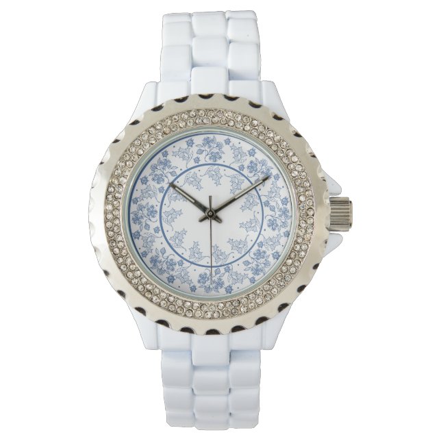 Chic Indigo Blue Floral Border Women's Wristwatch (Front)