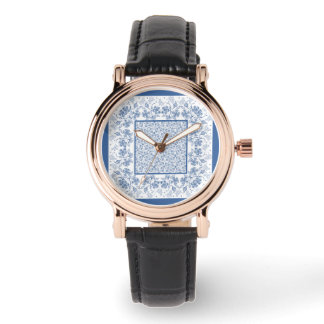 Chic Indigo Blue Floral Border Women's Wristwatch
