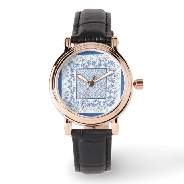 Chic Indigo Blue Floral Border Women's Wristwatch (Front)