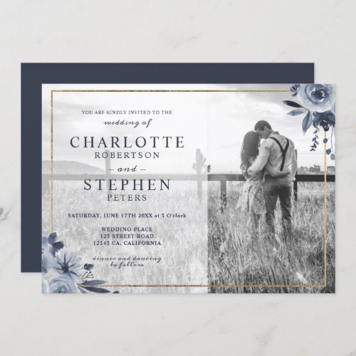 Chic indigo blue gold floral bouquet photo wedding invitation