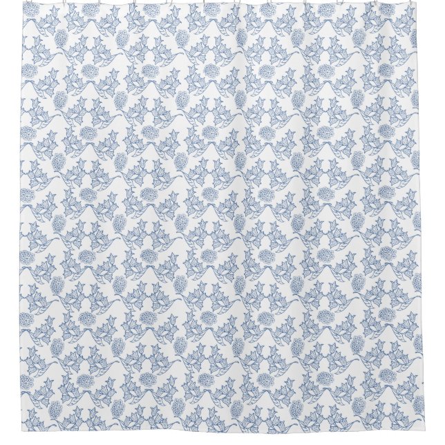 Chic Indigo Blue on White Ethnic Floral Print Shower Curtain (Front)