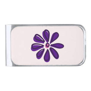 Chic Indigo Purple Flower Doodle Silver Finish Money Clip