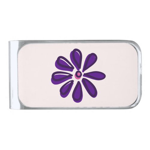 Chic Indigo Purple Flower Doodle Silver Finish Money Clip