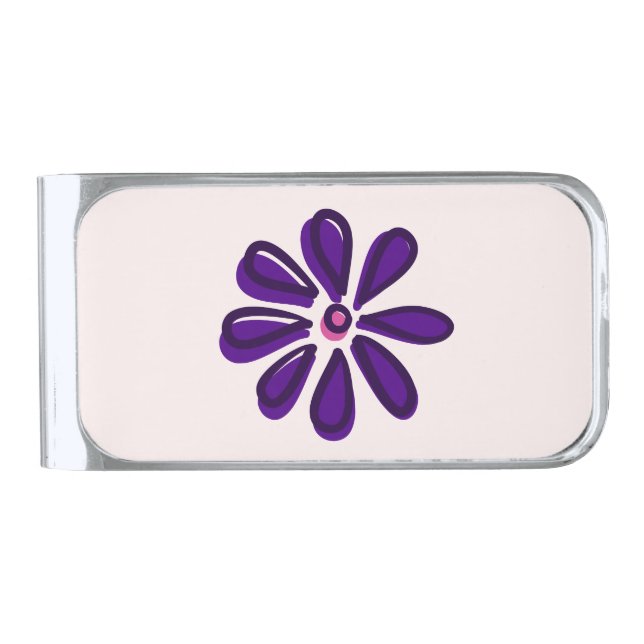 Chic Indigo Purple Flower Doodle Silver Finish Money Clip (Front)