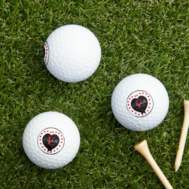 Chic Initial Letter Monogram Black Red Heart Dots Golf Balls (Insitu Grass)