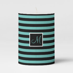 Chic Initial Letter Turquoise and Black Striped Pillar Candle