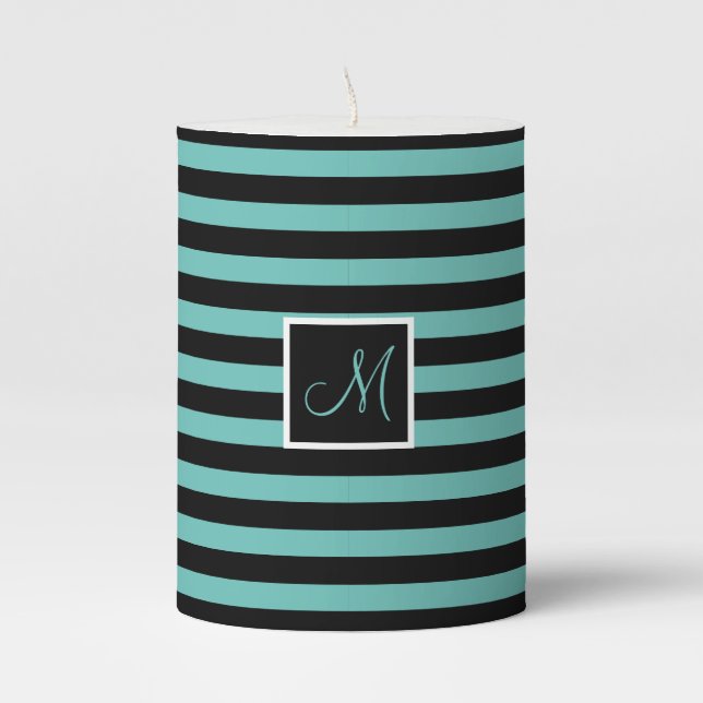 Chic Initial Letter Turquoise and Black Striped Pillar Candle (Front)