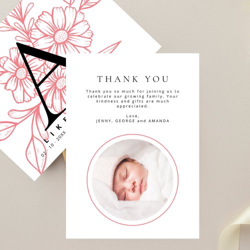 Chic Initial Modern Botanical Photo Baby Shower Thank You Card