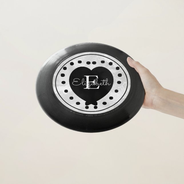 Chic Initial Monogram Black White Gray Heart Wham-O Frisbee (In Hand)
