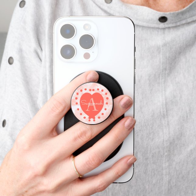 Chic Initial Monogram Coral White Heart MagSafe PopSocket (Hand)