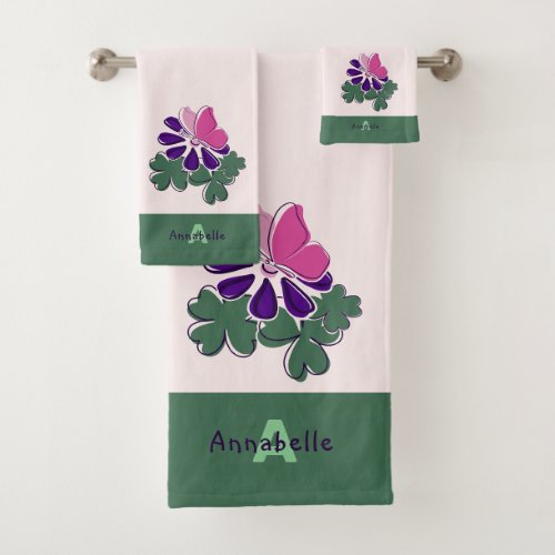 Chic Initial Name Green Blush Butterfly Flower Bath Towel Set