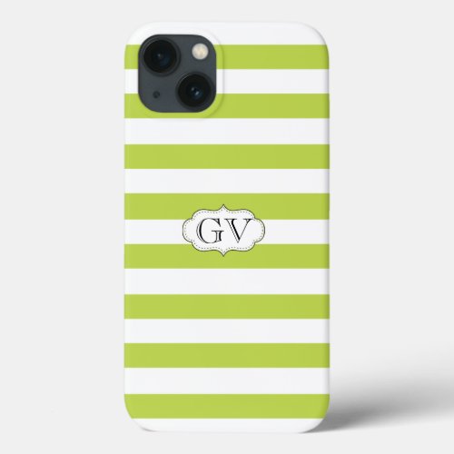 Chic Initials Apple Green White Striped iPhone 13 Case