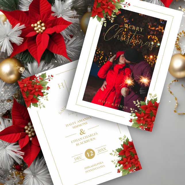 Chic Initials Floral Christmas Bouquets Photo Save The Date (Chic Initials Floral Christmas Bouquets Holidays Card as a Wedding Photo Save the Date Card.)