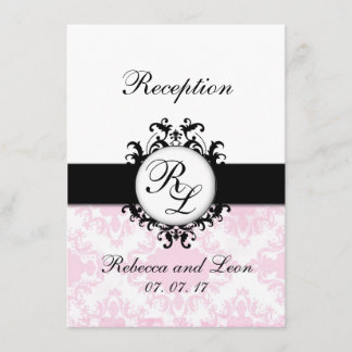 Chic Initials Pink Damask Wedding Reception Card