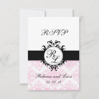 Chic Initials Pink Damask Wedding RSVP Card