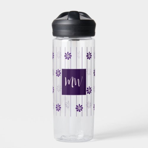 Chic Initials Script Font Violet Lines  Flowers Water Bottle