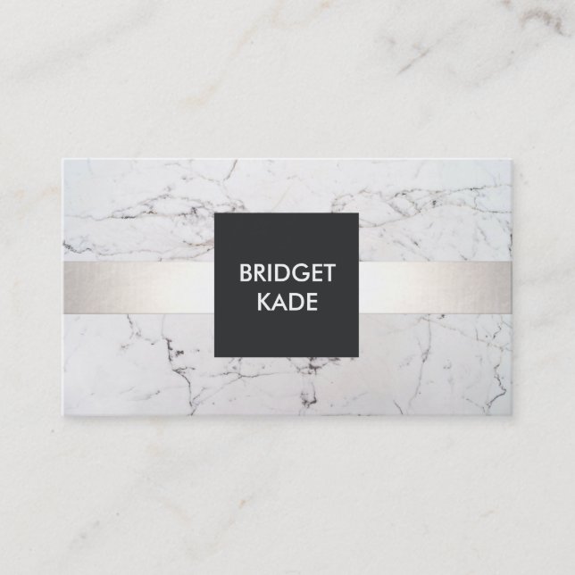 Chic Interior Designer Silver Striped White Marble Business Card (Front)