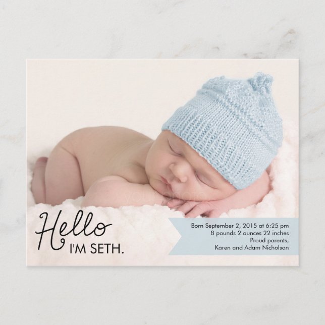 Chic Introduction Birth Announcement - Blue Postcard (Front)