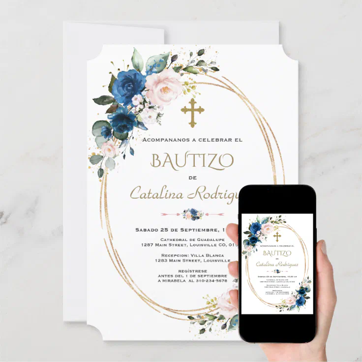 Chic Invitacion De Bautizo Gold Con Flores Baptism Invitation | Zazzle