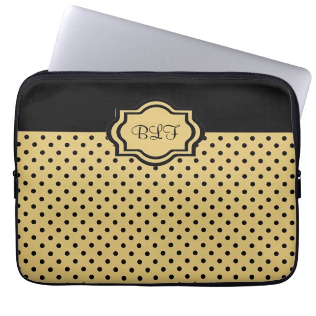 chic ipad sleeve, kakki/black dots/ monogram laptop sleeve (Front)