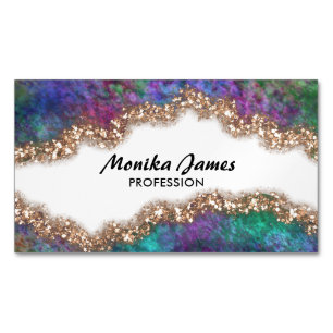 Chic Iridescent Blue Gold Faux Glitter Monogram Business Card Magnet