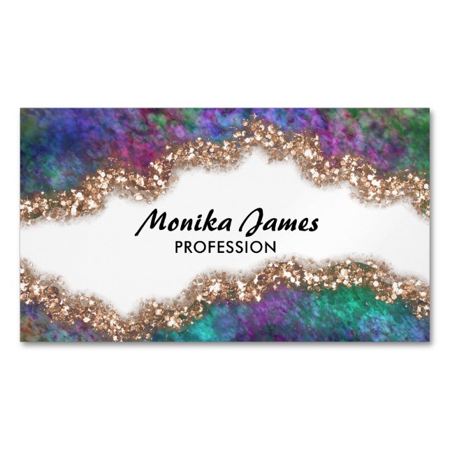 Chic Iridescent Blue Gold Faux Glitter Monogram Business Card Magnet (Front)