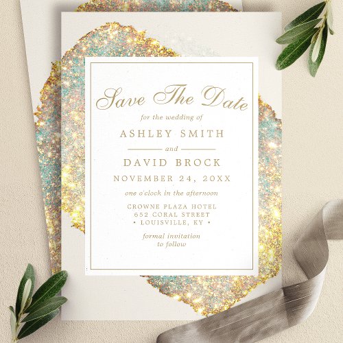 Chic Iridescent Glitter Save The Date Card