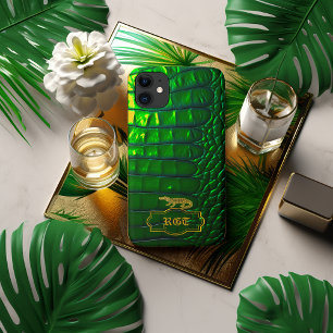 Chic Iridescent Green Faux Crocodile Monogrammed iPhone 11 Case
