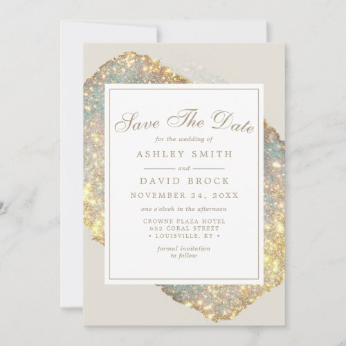 Chic Iridescent Holographic Glitter Save The Date 