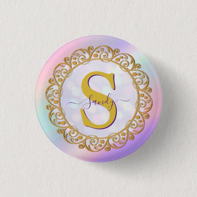 Chic Iridescent Initial With Gold Scrollwork Button (Front)