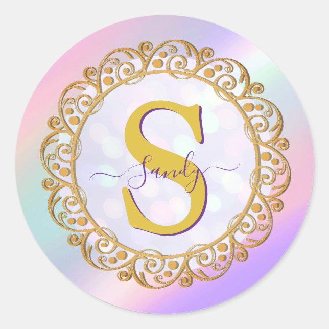 Chic Iridescent Initial With Gold Scrollwork Classic Round Sticker (Front)