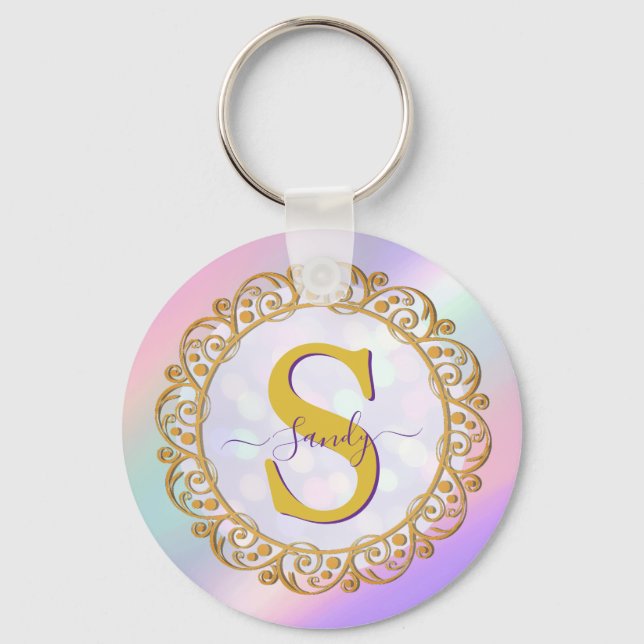 Chic Iridescent Initial With Gold Scrollwork Keychain (Front)