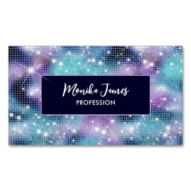 Chic Iridescent Lilac blue Faux Glitter Monogram Business Card Magnet (Front)