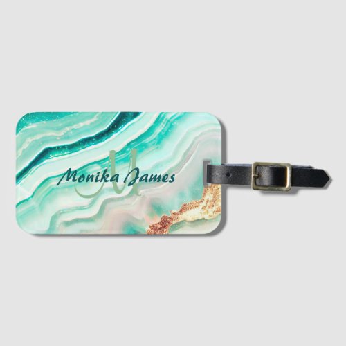 Chic Iridescent Mint Gold Faux Glitter Monogram Luggage Tag