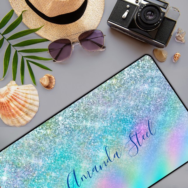 Chic iridescent ombre blue faux glitter desk mat (Creator Uploaded)