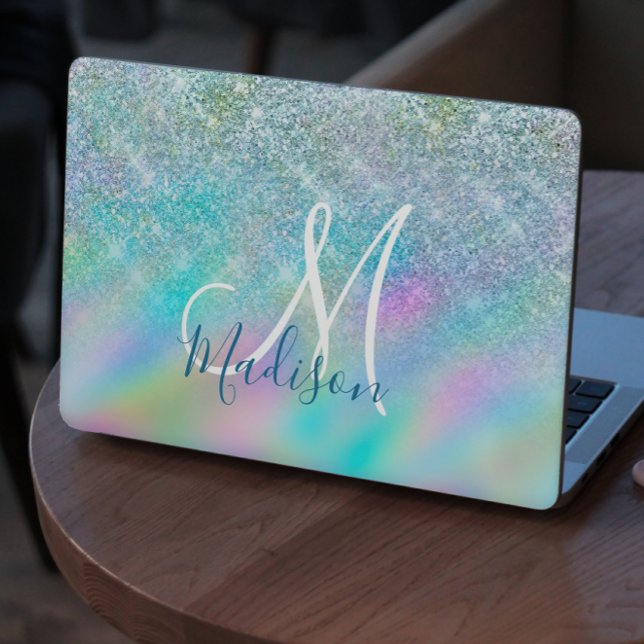 Chic iridescent ombre blue faux glitter monogram HP laptop skin (Creator Uploaded)
