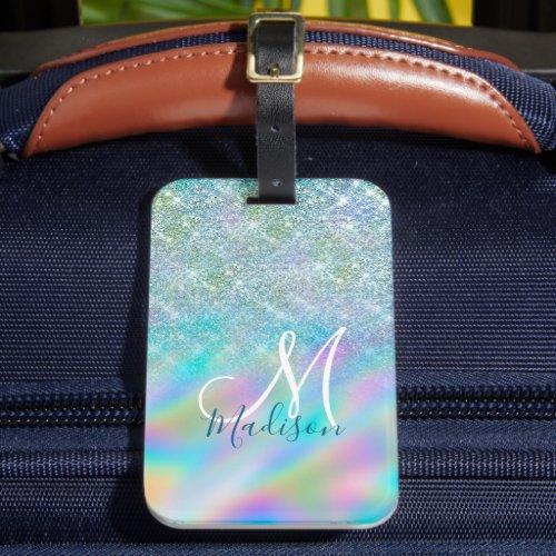 Chic iridescent ombre blue faux glitter monogram luggage tag