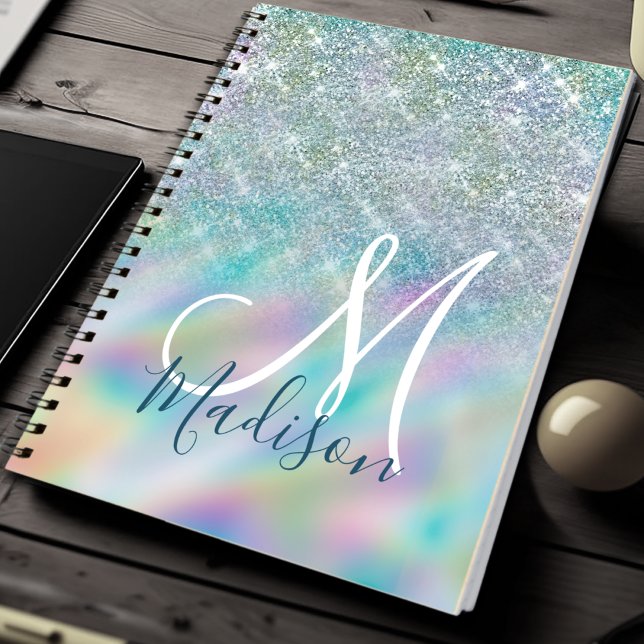 Chic iridescent ombre blue faux glitter monogram notebook (Creator Uploaded)